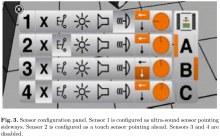 Sensor configuration panel. Sensor 1 is configured as ultra-sound sensor pointing sideways. Sensor 2 is configured as a touch sensor pointing ahead. Sensors 3 and 4 are disabled.