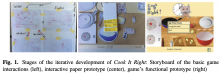 Stages of the iterative development of Cook It Right: Storyboard of the basic game interactions (left), interactive paper prototype (center), game’s functional prototype (right)