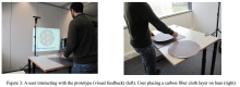 Figure 3: A user interacting with the prototype (visual feedback) (left). User placing a carbon fiber cloth layer on bass (right)